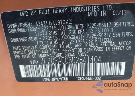 2013 Subaru Xv Crosstrek 2.0I Premium from USA, damaged, VIN JF2GPACC6D2841404